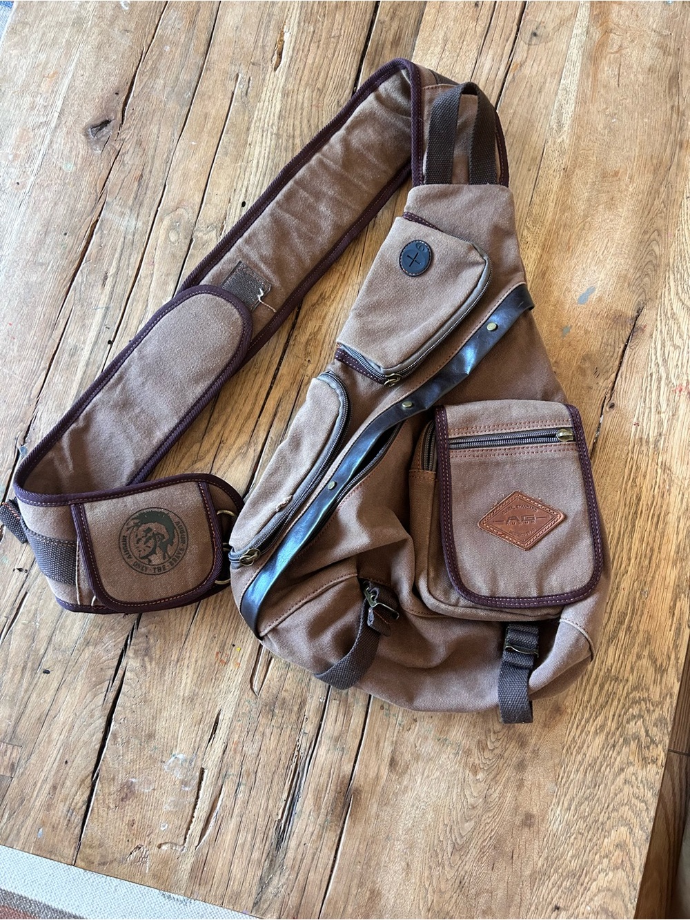 Mens Canvas Sling Bag - Brown Casual Crossbody man travel side pouch AUGUR